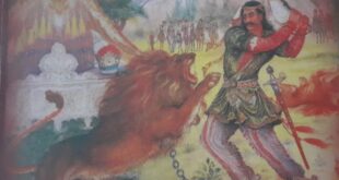 بهرام پنجم در حال نبرد با یکی از شیرهای درنده با  گرز خود.